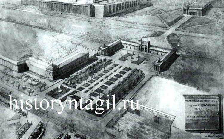 Эскиз проекта площади у центральной проходной. 1946 год